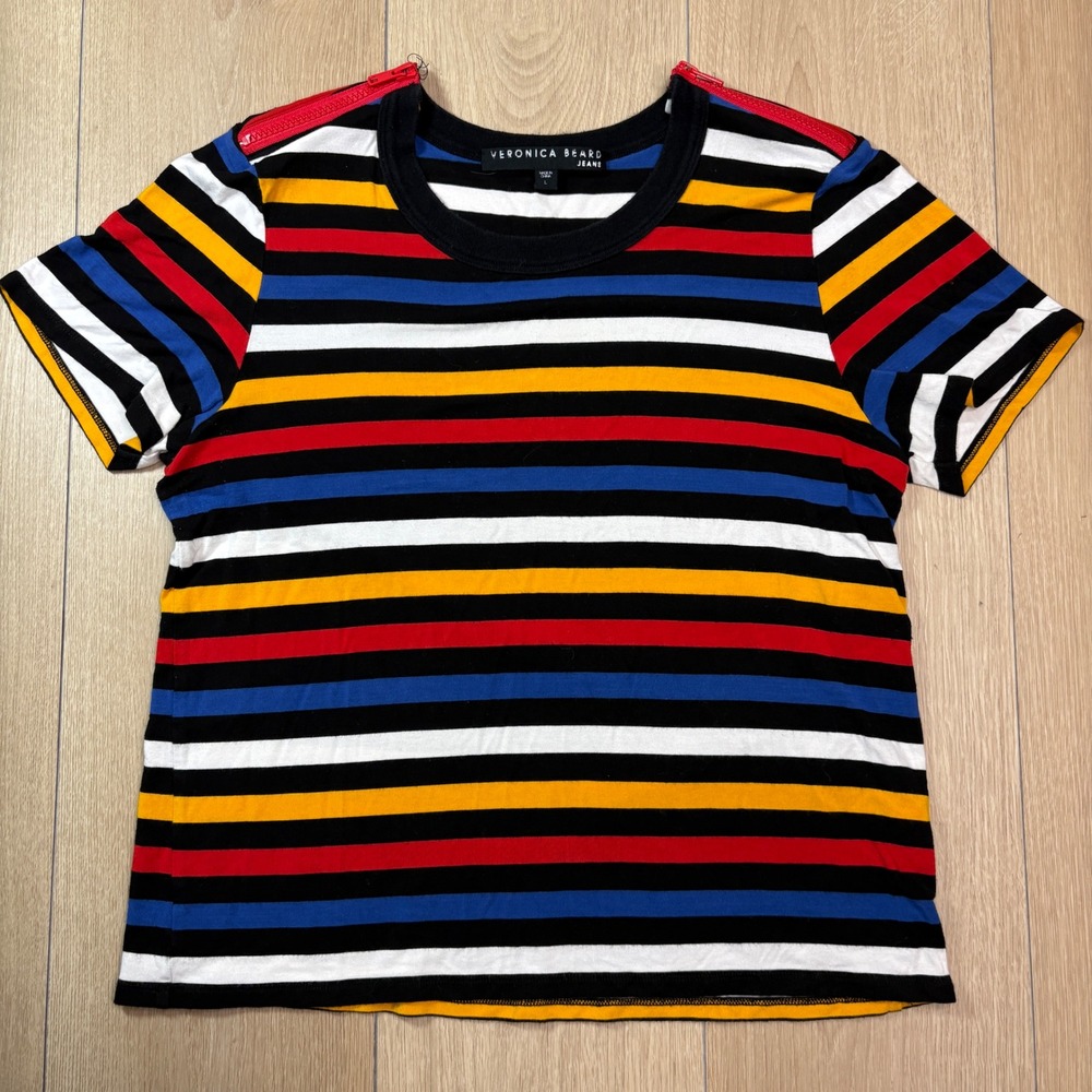 Veronica Beard Jeans Multicolor Striped Zipper Shoulder T-Shirt Size L
